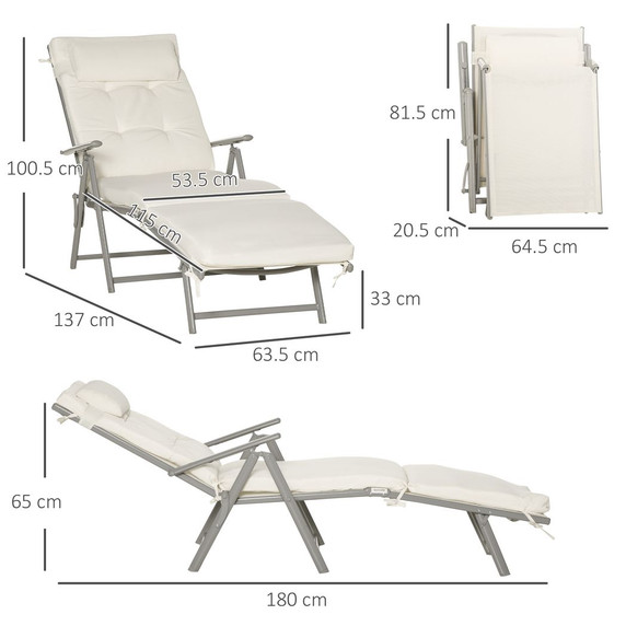 Sun Lounger Recliner Foldable Padded Seat Adjustable Texteline White