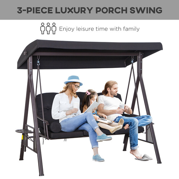 Outsunny 3 Seater Garden Swing Chair Patio Swing Bench w/ Cup Trays Black