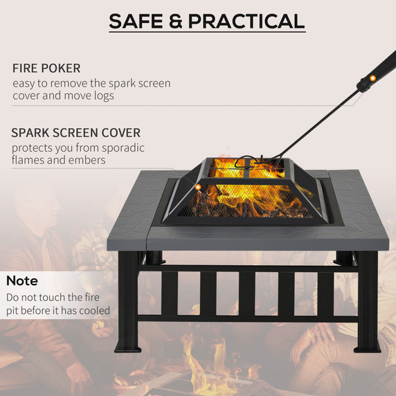 Outsunny Fire Pit, Square Shape, W/Waterproof Cover-Black/Grey