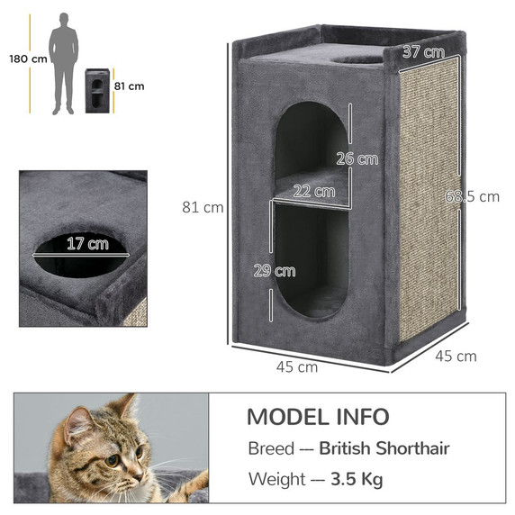 81cm Cat Scratching Barrel with Two Cat Houses for Indoor Cats - Grey