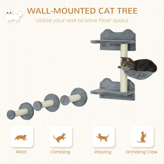 Cat Shelf with Scratching Post, Wall-Mounted Cat Tree for Indoor Cat - Grey