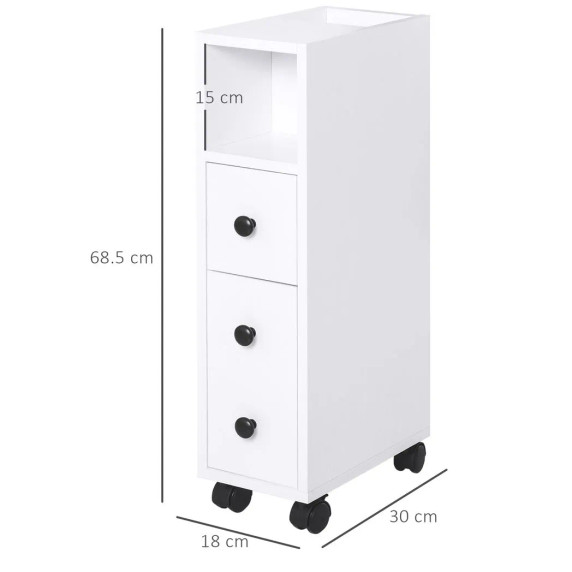 Slimline Bathroom Storage Unit w/ 2 Drawers 2 Open Compartments Wheels White