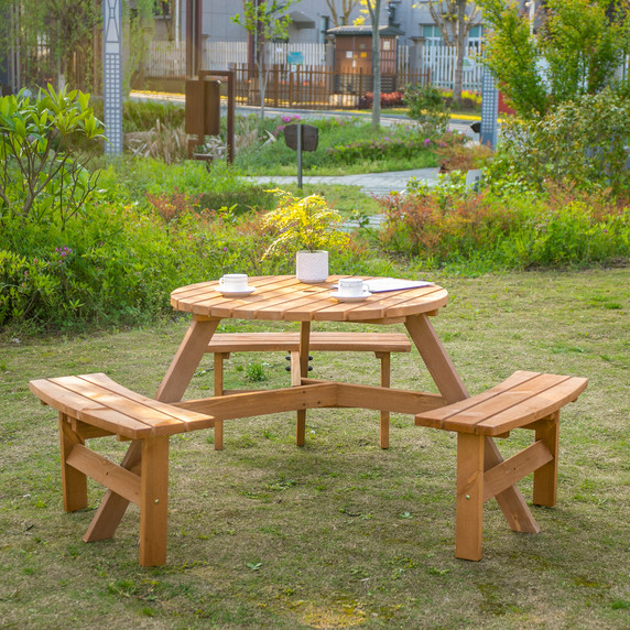 Outsunny Round Table W/3 Attached Benches-Fir Wood