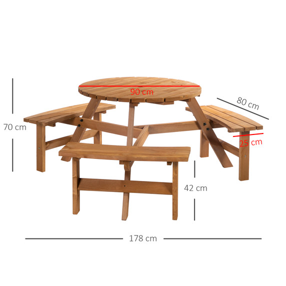 Outsunny Round Table W/3 Attached Benches-Fir Wood