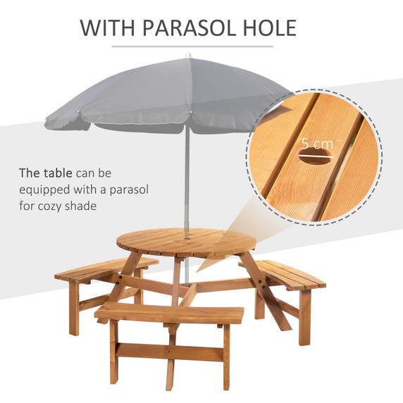 Outsunny Round Table W/3 Attached Benches-Fir Wood