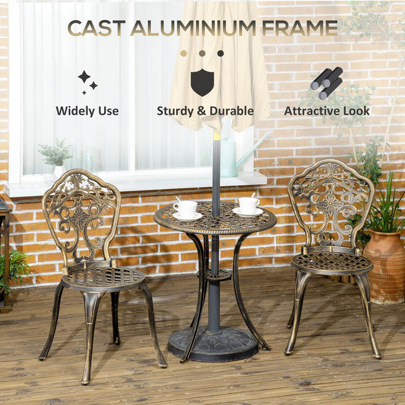 3 Piece Cast Aluminium Garden Bistro Set with Parasol Hole for Balcony, Patio