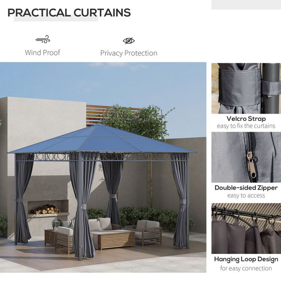 3 x 3(m) Hardtop Gazebo for Garden Party with Polycarbonate and Roof Curtains