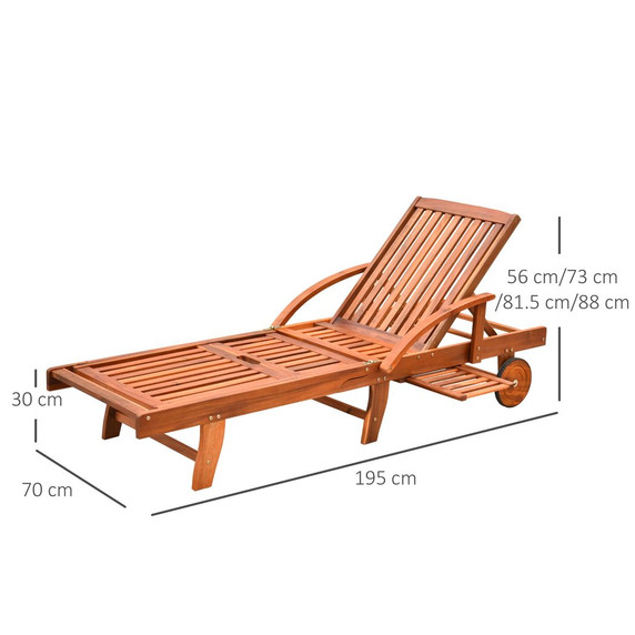 Garden Wood Sun Bed Lounger Chaise Recliner Adjustable Back Footrest w/ Wheels