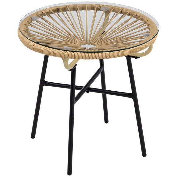 Rattan Side Table with Round PE Rattan and Tempered Glass Table Top
