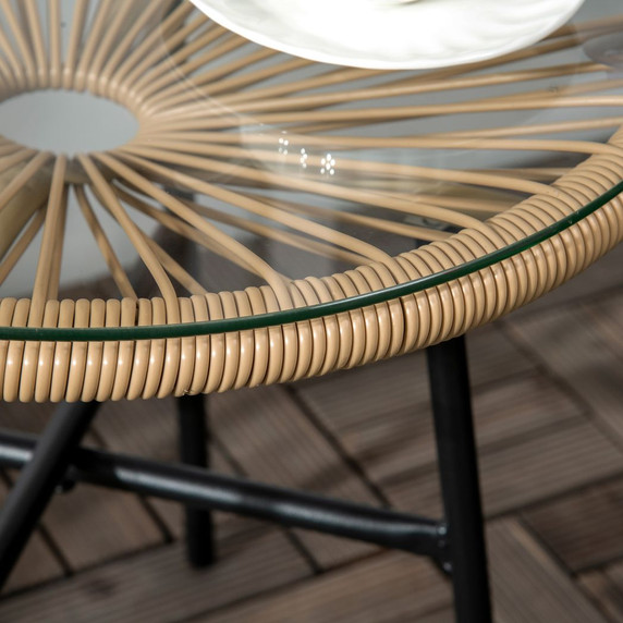 Rattan Side Table with Round PE Rattan and Tempered Glass Table Top