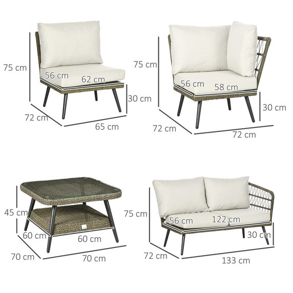 5 PCS Rattan Corner Sofa, Rattan Garden Furniture w/ Glass Top Two-tier Table