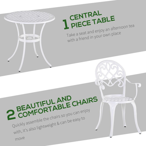 Outsunny 3PCs Garden Bistro Set Cast Aluminium Round Table with 2 Chairs White