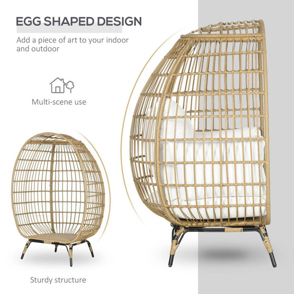 Outsunny Round PE Rattan Outdoor Egg Chair w/ Padded Cushions for Garden, Khaki