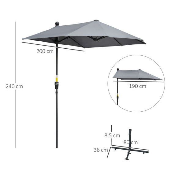 Outsunny 2m Half Garden Parasol Market Umbrella w/ Crank Handle, Base Dark Grey