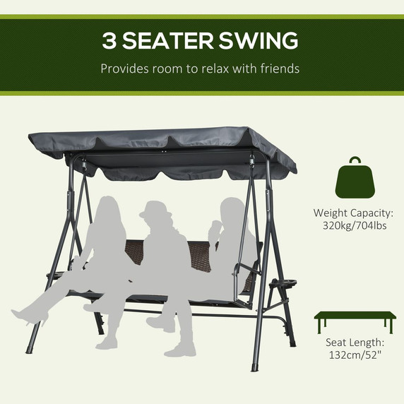 Outsunny 3 Seater Garden Swing Seat Bench with Adjustable Canopy, Rattan Seat