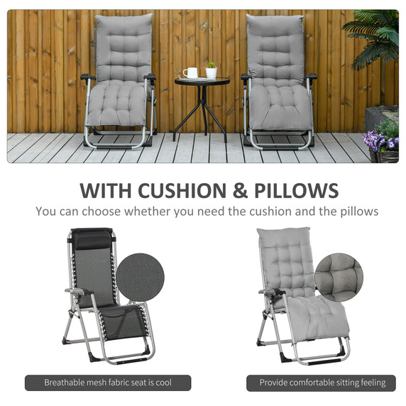 Outsunny 2 PCS Reclining Zero Gravity Chair Folding Lounger Cushion Light Grey