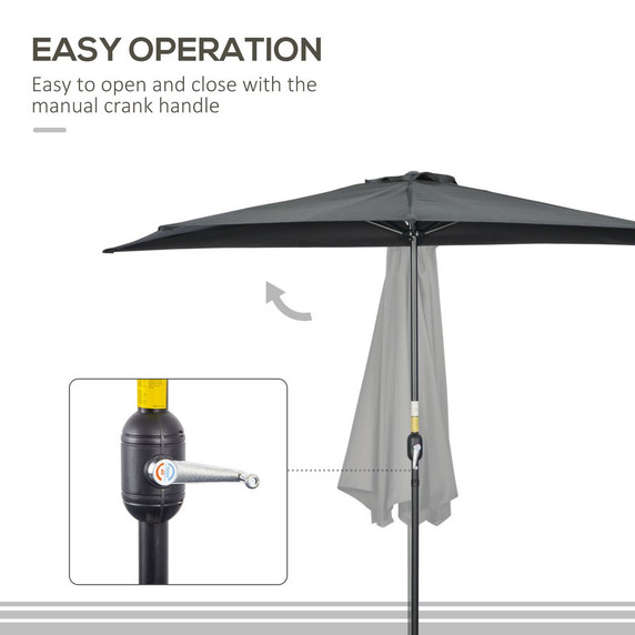 Outsunny 3(m) Half Round Parasol Garden Sun Umbrella Metal w/ Crank Black