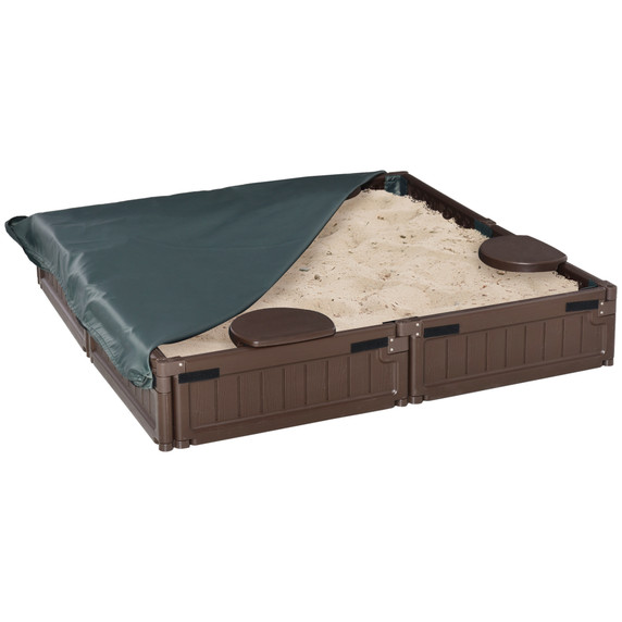 Kids Outdoor Sandbox w/ Canopy Backyard for 3-12 years old Brown Outsunny