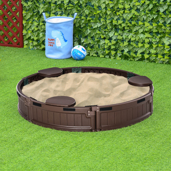 Kids Outdoor Round Sandbox w/ Oxford Canopy for 3-12 years old Brown Outsunny