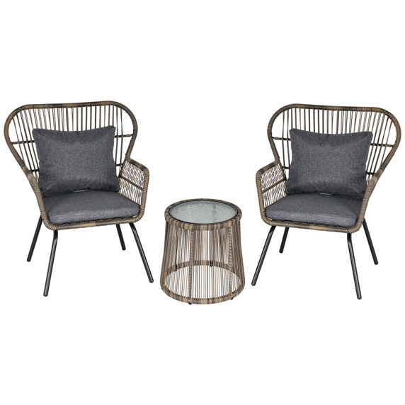 3 PCS Webbed PE Rattan Outdoor Patio Set w/ Cushions Steel Frame Grey Outsunny