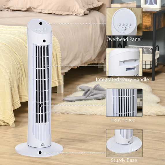 HOMCOM 30" Tower Fan Noise Reduction Wind 3-Level Cool ABS Indoor White