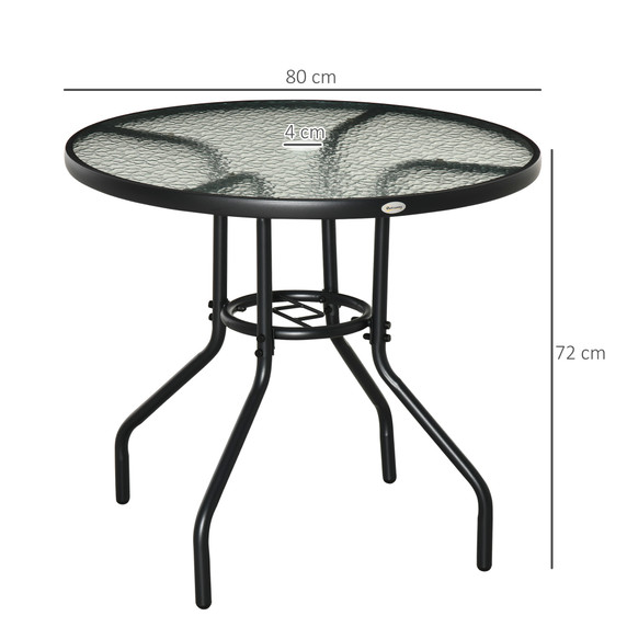 Outdoor Round Dining Table Tempered Glass Top Steel w/ Parasol Hole 80cm