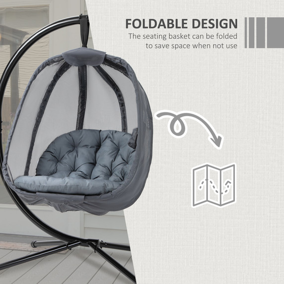 Folding Hanging Egg Chair w/ Cushion and Stand Grey