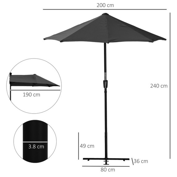 Outsunny 2m Half Garden Parasol Market Umbrella w/ Crank Handle, Base Black