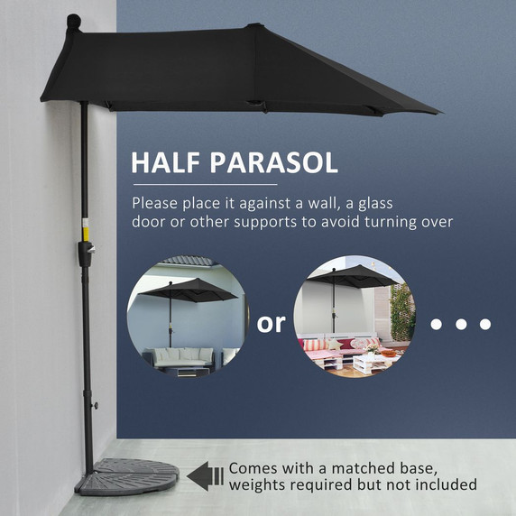 Outsunny 2m Half Garden Parasol Market Umbrella w/ Crank Handle, Base Black