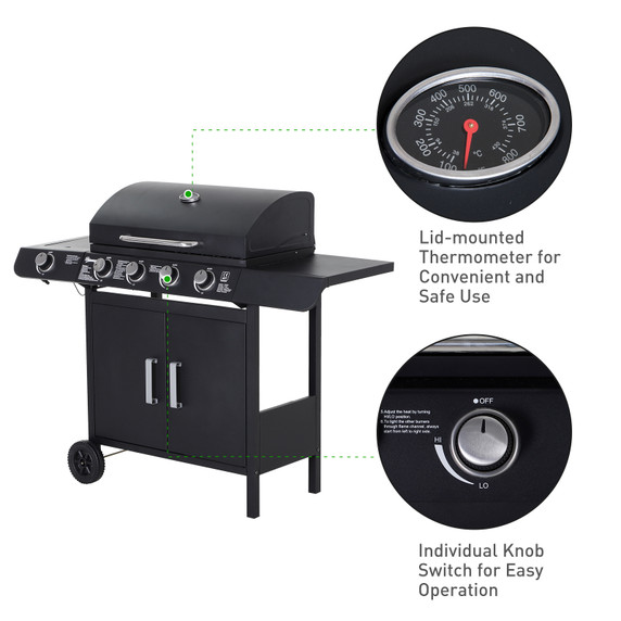 4+1 Gas BBQ Grill with Wheels, Steel-Black 