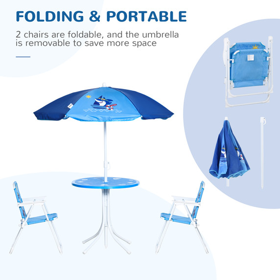 Kids Foldable Four-Piece Garden Set w/ Table, Chairs, Umbrella - Blue