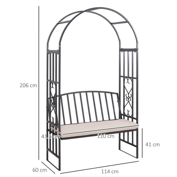 Outsunny Metal Bench W/Arch, 114L cm-Grey