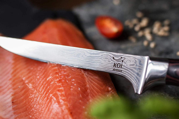 KOI ARTISAN Chefs Boning Knife - Deboning Fish and Meat 6 Inches Blade - Stylish Damascus Pattern - Professional Kitchen Knife - Japanese High Carbon Stainless Steel - Stain & Corrosion Resistant