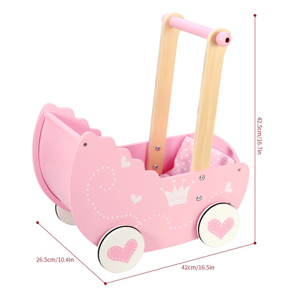Wooden Pink Princess Doll Pram with Bedding - Ideal for Imaginative Play and Child Development - Ages 3+ - SOKA