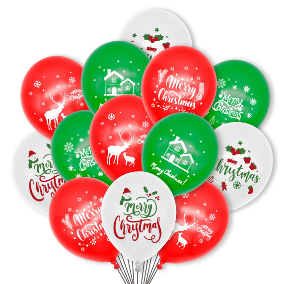 Colourful Christmas party balloons in red, green, and white, with festive 'Merry Christmas' prints - available in 25, 50, or 100 piece packs