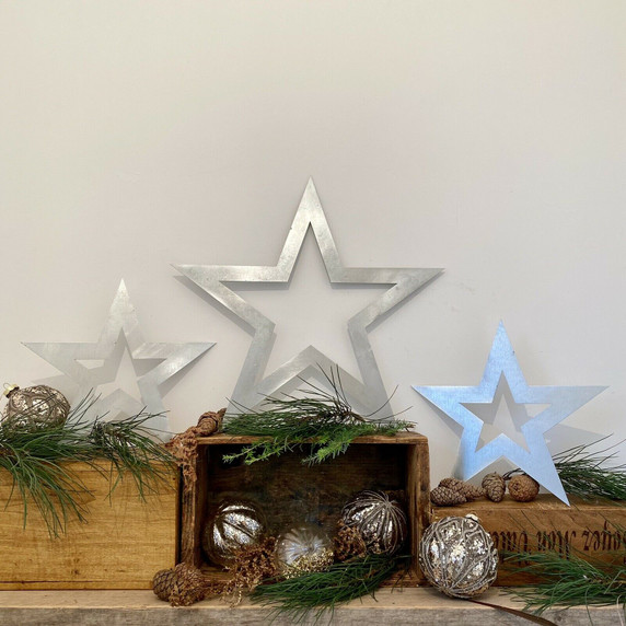 3 X Steel Stars  Christmas Decorations Vintage Style Decor Metal