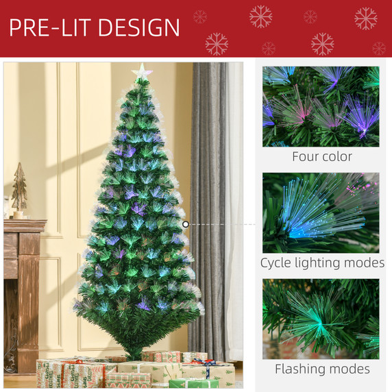 6FT Multicoloured Artificial Christmas Tree Fibre Optic Lights Star Holder 