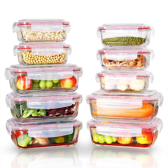10 PCs Rectangle  Airtight Glass Food Containers with Lids - Storage Kitchen Containers