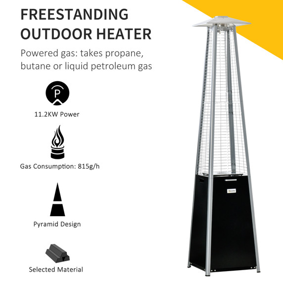  11.2KW Outdoor Patio Gas Heater Freestanding Pyramid Propane Heater Garden Tower Heater with Wheels, Dust Cover, Regulator and Hose, Black