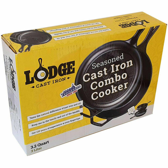 Lodge Cast Iron 3.2 Quart 3 Liter Seasoned Combo Cooker Dutch Oven, Skillet, Lid All In One