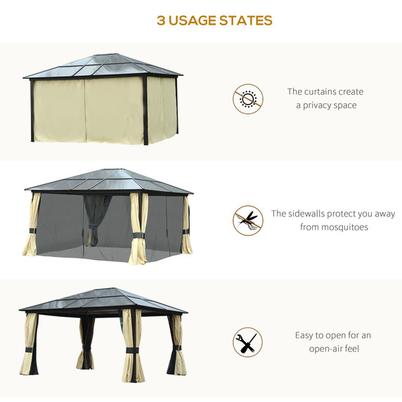 Outsunny 4.3m x 3.6m Brown Hardtop Gazebo with Aluminium Frame - Deluxe Outdoor Shelter with Privacy Curtains and UV Protection