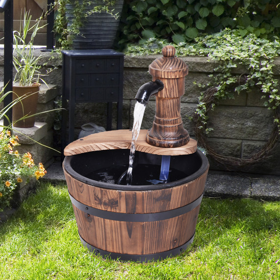 Outsunny Barrel Water Pump Fountain Rustic Wood Electric Water Feature Garden 