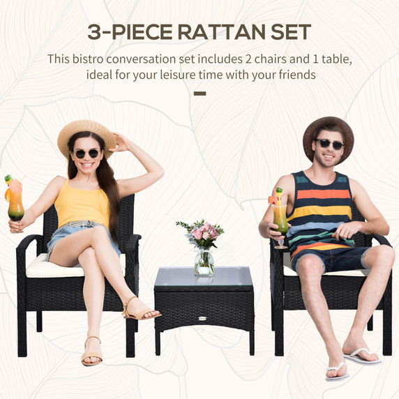 Outsunny 2 Seater Rattan Bistro Set, Steel-Black