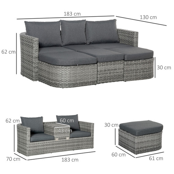 3PC PE Rattan Sofa Set, w/ Side Table, Large Daybed w/ Cushion, Mixed Grey