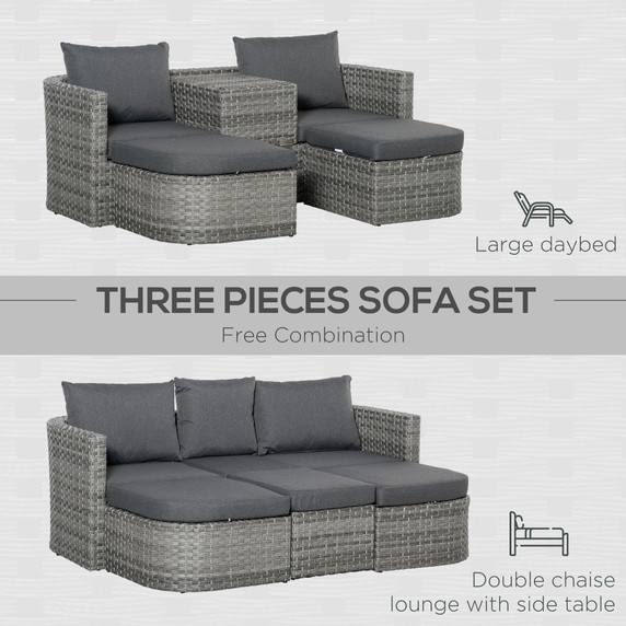 3PC PE Rattan Sofa Set, w/ Side Table, Large Daybed w/ Cushion, Mixed Grey