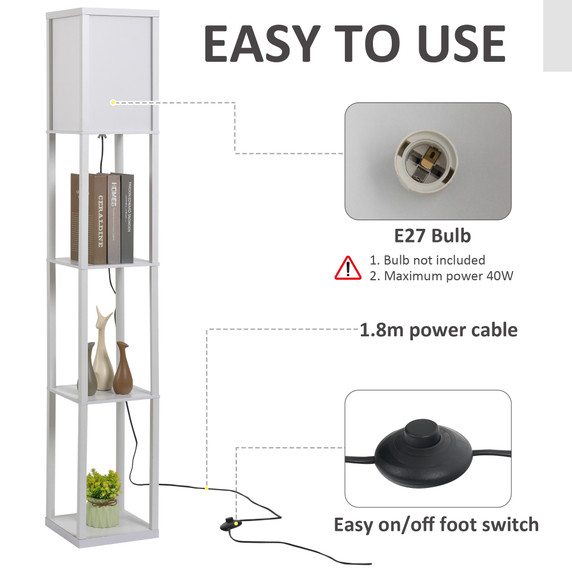 4-Tier Floor Lamp, Floor Light with Storage Shelf, White 3-Tier