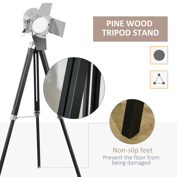 Industrial Tripod Floor Cinema Spotlight with Wood Legs Black & Silver