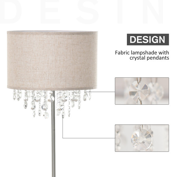 Modern Steel Floor Lamp with Crystal Pendant Fabric Lampshade Silver& Cream