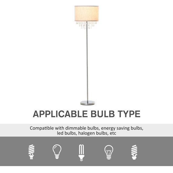 Modern Steel Floor Lamp with Crystal Pendant Fabric Lampshade Silver& Cream