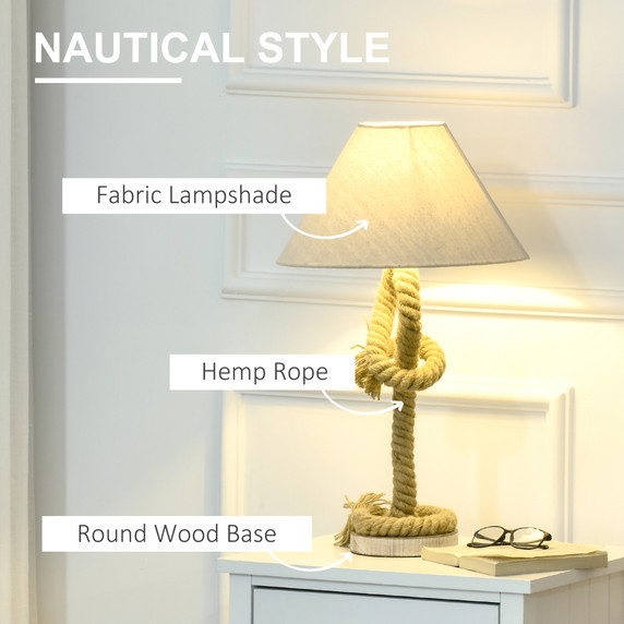 Nautical Style Table Lamp with Fabric Lampshade, Twisted Rope Beige